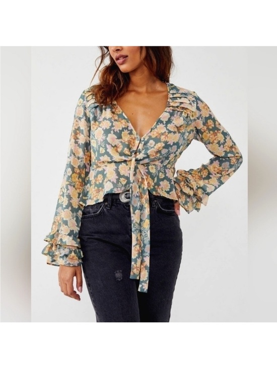 Free People Tops - Free People Maybel Blouse Green Floral Ruffle Tie-Front Top Pink & Yellow Blooms
